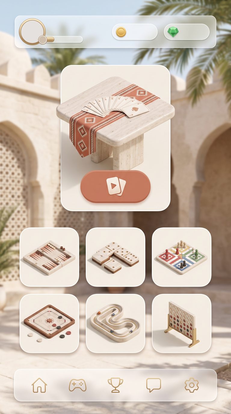 The Al Shayeb game picker on a travertine terrace with palms