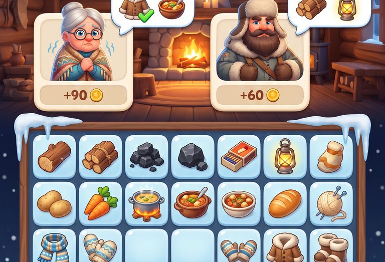 The Snowhaven merge board with logs, food and warm clothes