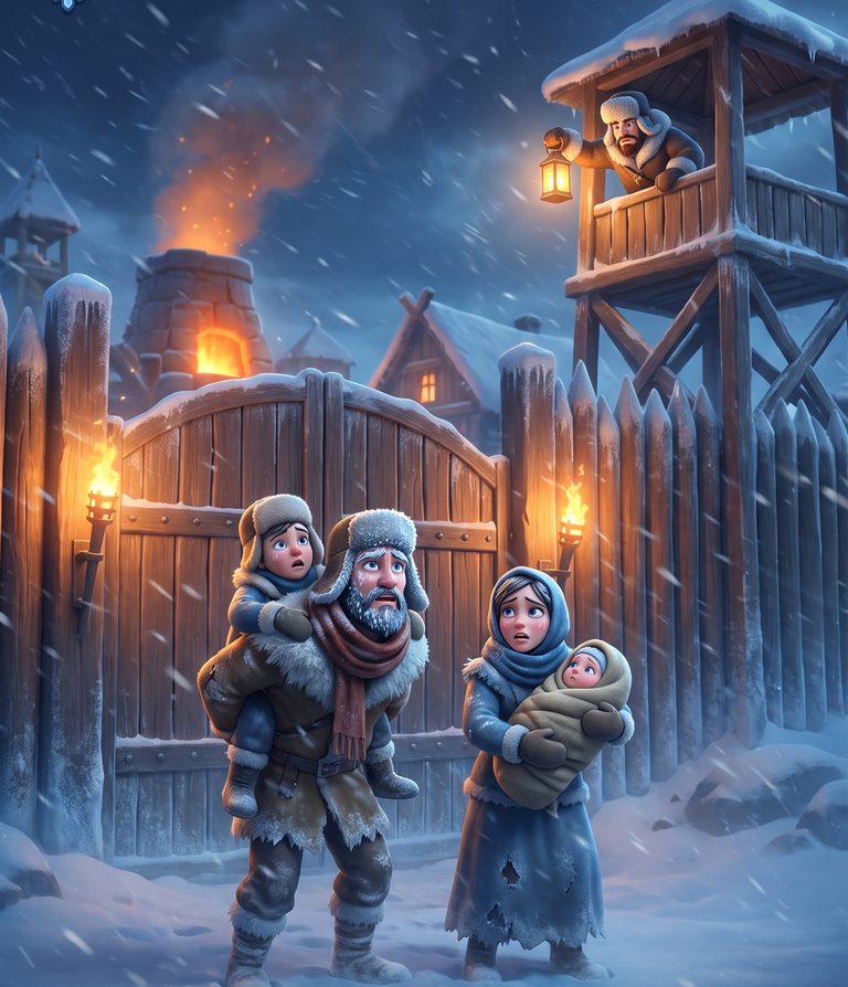 A Snowhaven family arriving at the town gate in the snow