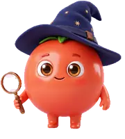 The CalWiz mascot: a tomato in a starry wizard hat, holding a magnifying glass