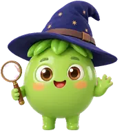 The PlantWiz mascot: a green sprout in a starry wizard hat, holding a magnifying glass